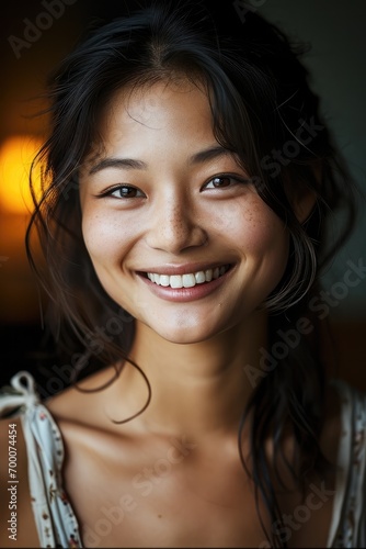 A young very attractive Asian woman smiling. Generative AI.