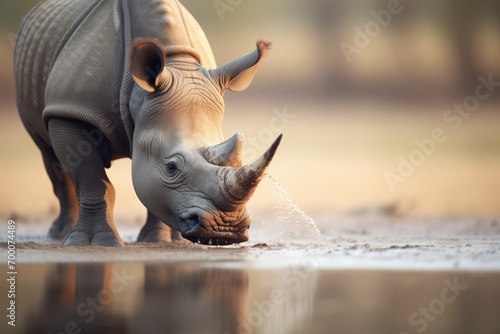 indian rhino drinking from a watering hole photo