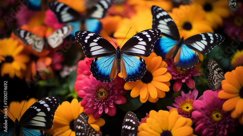 Design a high-resolution image of a butterfly perched on a cluster of vibrant zinnias