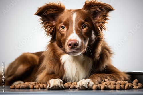 A dog lies next to dry food and meat on a white background. Isolate. Taking care of a pet. Choice. Healthy food for animals.