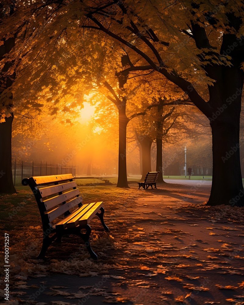 Bench in the autumn park at sunset. Beautiful autumn landscape. Autumn background