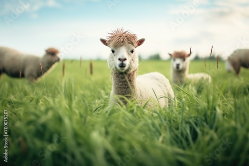 sheep and llamas in a lush green pasture