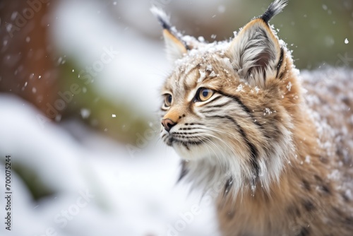 fluffed-up lynx bracing against snowfall