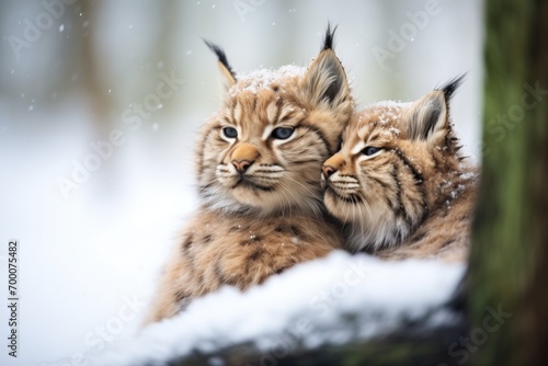 pair of lynxes cuddling for warmth in the snow