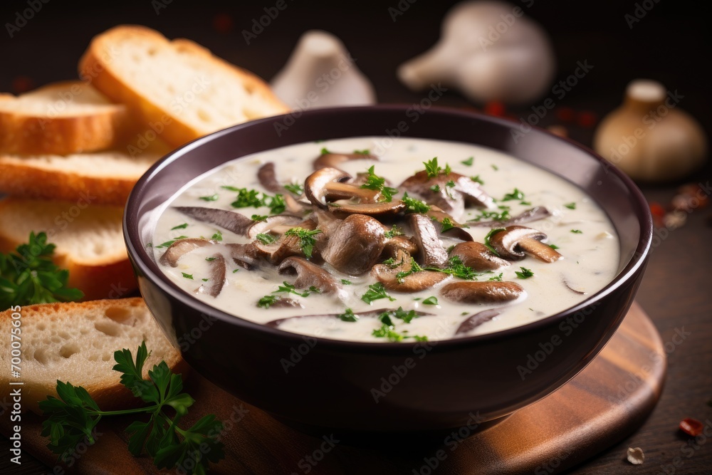 Delicious mushroom soup with garlic bread