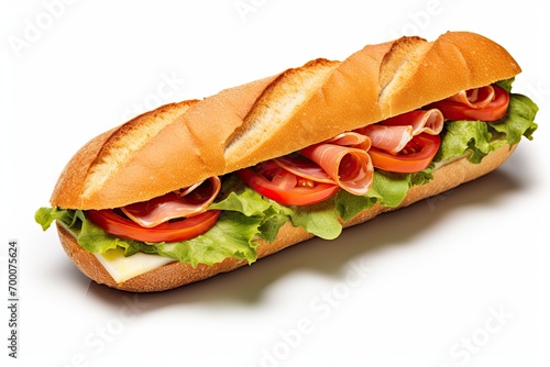 Panoramic banner ad featuring a delicious baguette sandwich with ham, tomato, cheese, and lettuce on a crusty roll, over a white background.