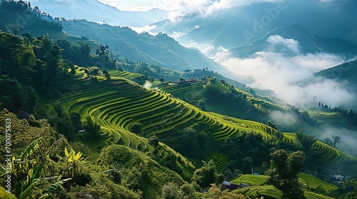 Terraced fields, Paddy fields, Ancient villages shrouded in clouds and mist in the mountains. Generative AI. photo