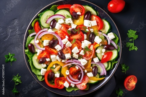 Delicious Greek salad with feta, olives, tomatoes, paprika, cucumber, and onion, on a blue table, seen from above.