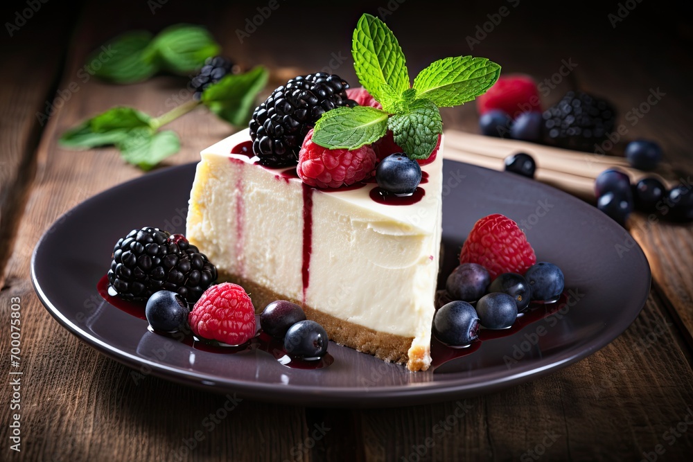 Top view of a tasty homemade mascarpone New York Cheesecake with berries on a dark wooden table Close up Creamy mousse cake Top view Rustic style Top view of a tasty homemade mascarpone New York Cheesecake with berries on a dark wooden table Close up Creamy mousse cake Top view Rustic style