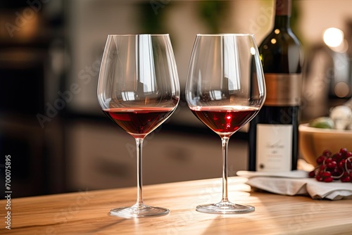 Red wine in two glasses sits on the table.