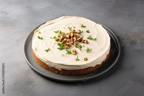 Vegan carrot cake on stone background Healthy from above Space to duplicate