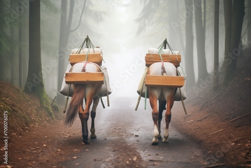 back view of mules with a wood cart entering a misty forest