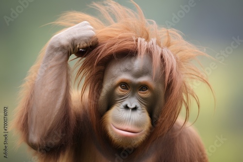 orangutan scratching head with puzzled look photo