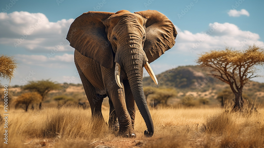 Close-up portrait of an African elephant. - obrazy, fototapety, plakaty 
