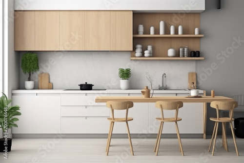 View of modern kitchen through to dining area.AI Generative © Rafa Fernandez