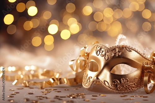 Shiny blurred background featuring a Venetian golden mask.