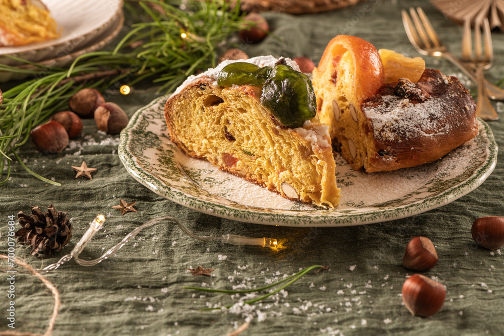 Slices of Bolo Rei or Kings Cake. Is a traditional Xmas cake made for Christmas, Carnavale or Mardi Gras Slices of Bolo Rei or Kings Cake. Is a traditional Xmas cake made for Christmas, Carnavale or Mardi Gras