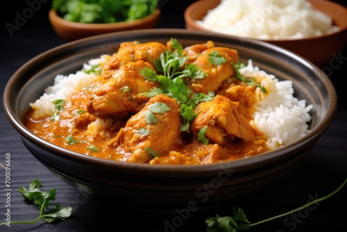 Weeknight dinner recipe tasty chicken curry in rich sauce alongside rice Economical and simple with various Asian cuisines photo