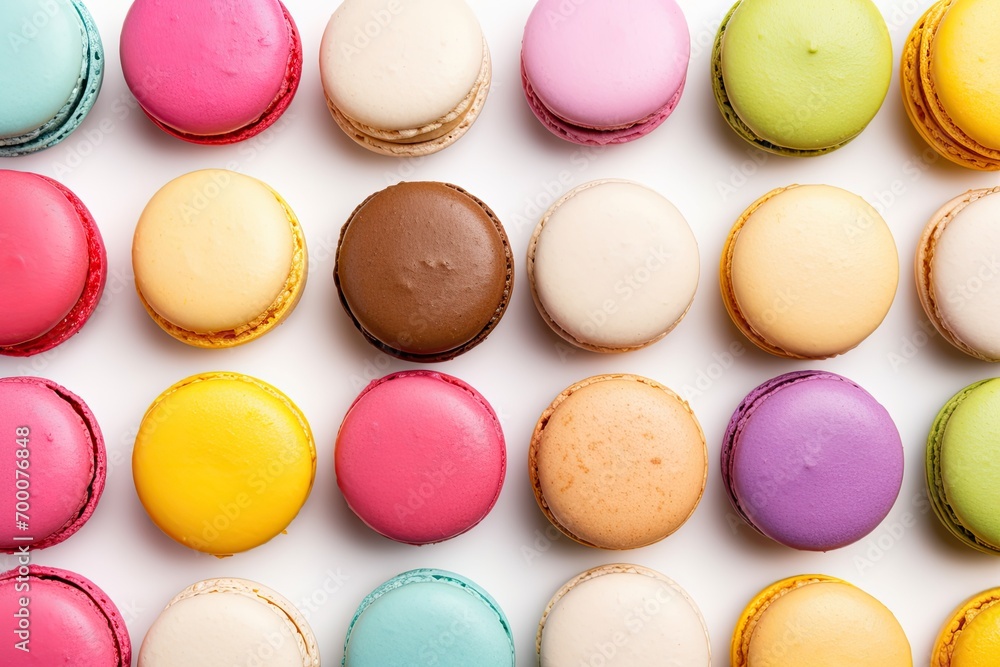 White background with tasty colorful macaroons seen from above White background with tasty colorful macaroons seen from above
