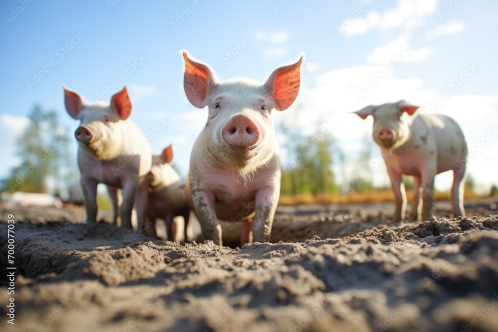 group of pigs in mud under sunny sky group of pigs in mud under sunny sky