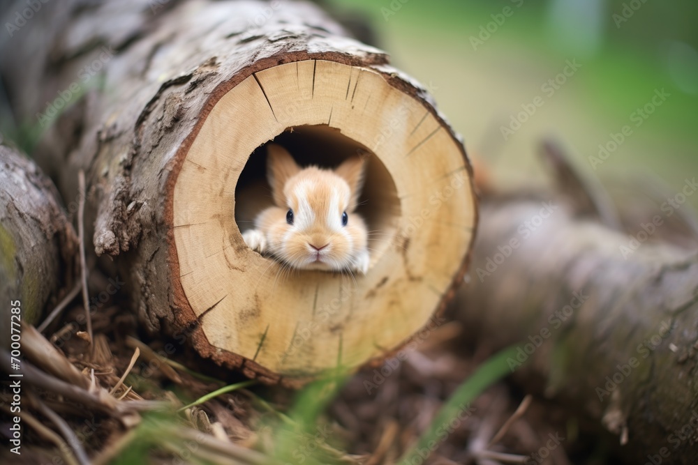 Obraz premium dwarf rabbit tucked inside a hollow log