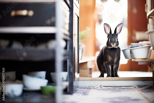 black rabbit standing on hind legs inside hutch