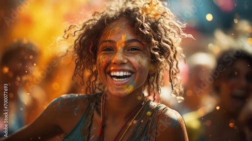 Carefree happy Woman Smiling and Laughing at Night Carnival Celebration. generative AI
