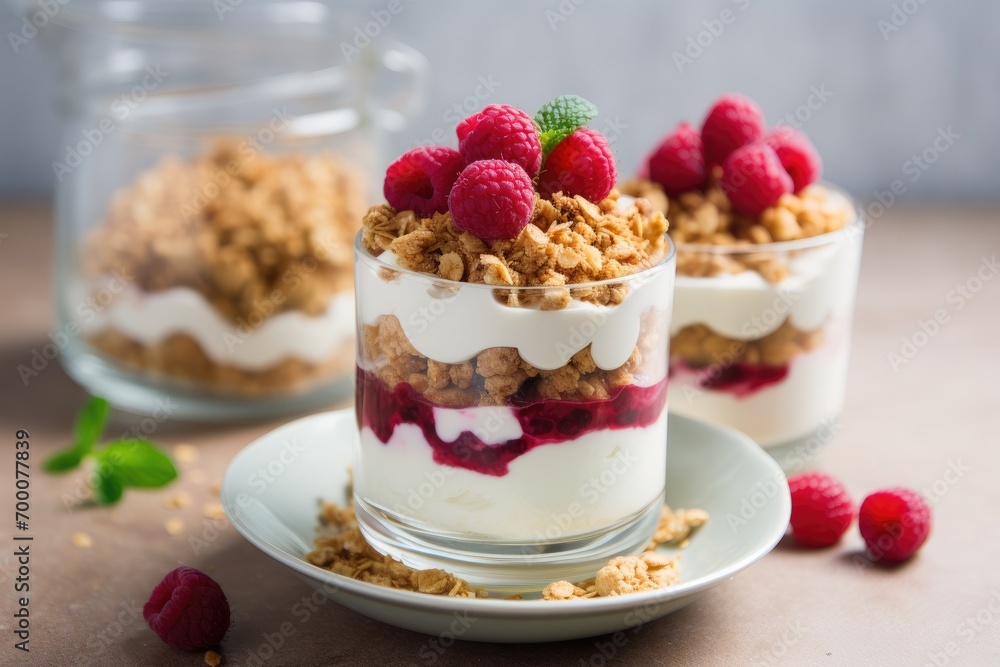 Yogurt trifle with raspberry layered granola Yogurt trifle with raspberry layered granola