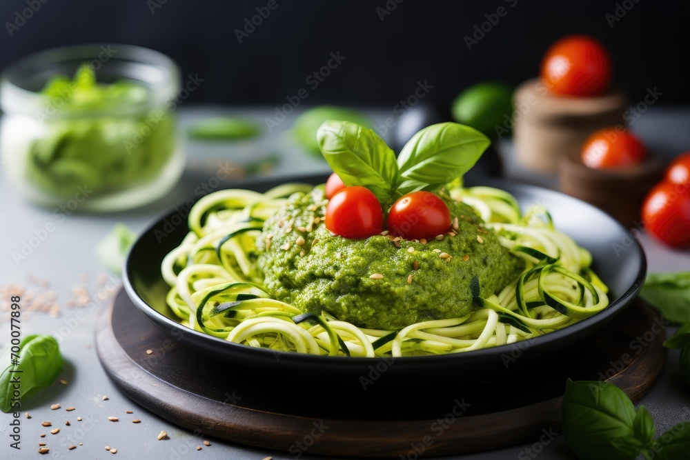 Zucchini noodles with basil pesto made from raw ingredients