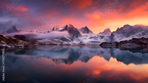 Fantastic panoramic view of snow-capped mountains at sunset