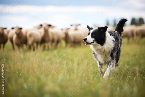 herding dog pausing as sheep graze calmly