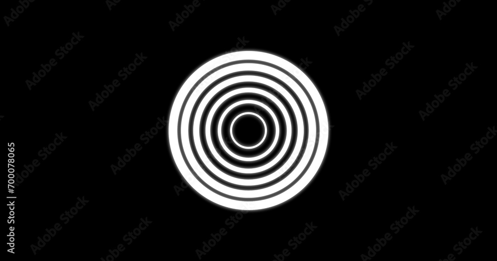 Circles of white animating in and out on a black background. Concept of consistency and discipline 2D clean embossed glowing simple circle motion graphic asset. Surreal spiral geometry circle bg. Circles of white animating in and out on a black background. Concept of consistency and discipline 2D clean embossed glowing simple circle motion graphic asset. Surreal spiral geometry circle bg.
