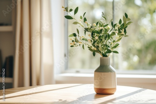 Scandinavian kitchen with vintage details and a green plant on a table. Minimalistic design. photo