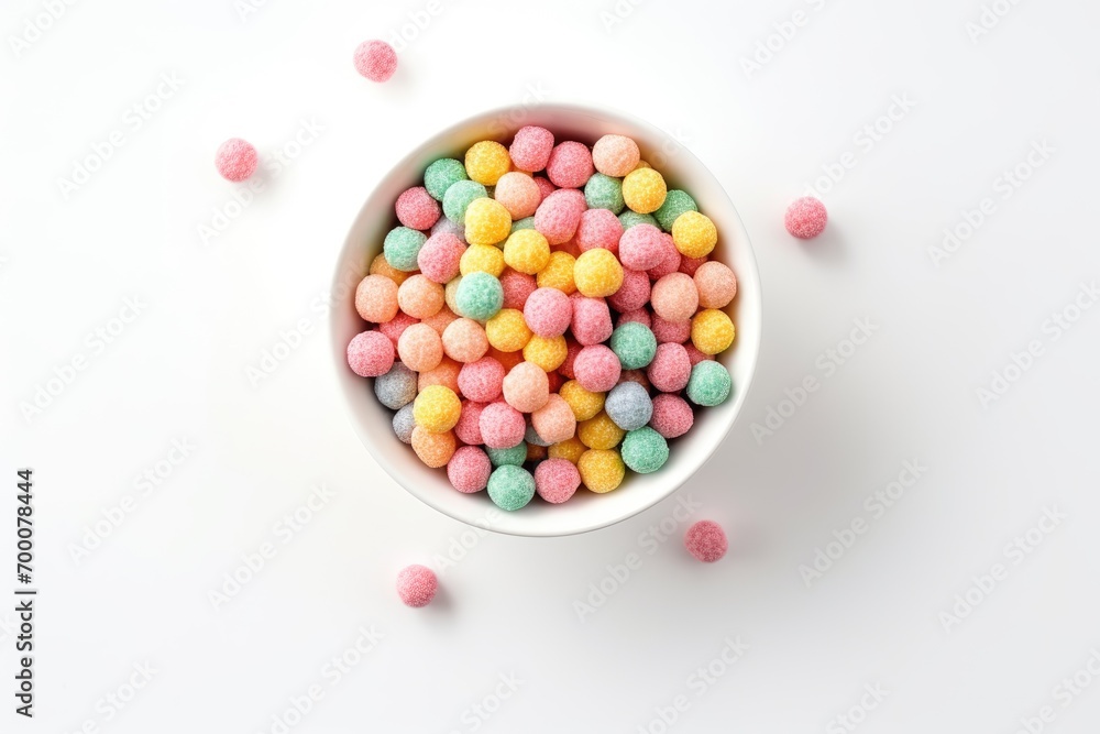 Colorful cereal balls on white background, viewed from above.