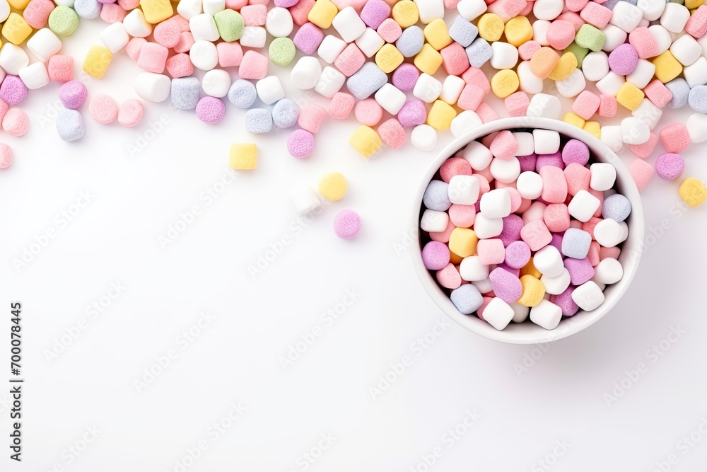 Top view of a bowl filled with cereals and marshmallows, scattered on a white table.