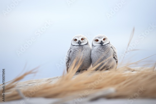 two snowy owls roosting side by side on snowy ground photo