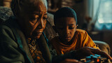 Black grandmother and grandson play fictional fantasy