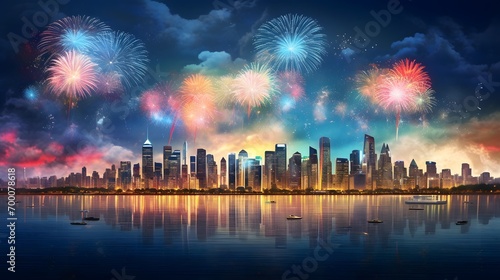 Fireworks over the cityscape at night, panoramic view