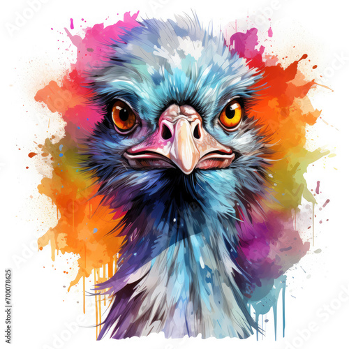 Watercolor Colorful Ostrich Illustration, Generative Ai photo