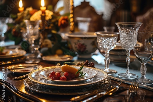 A table set with plates, Glasses and silverware for a fancy dinner party. Generative AI.