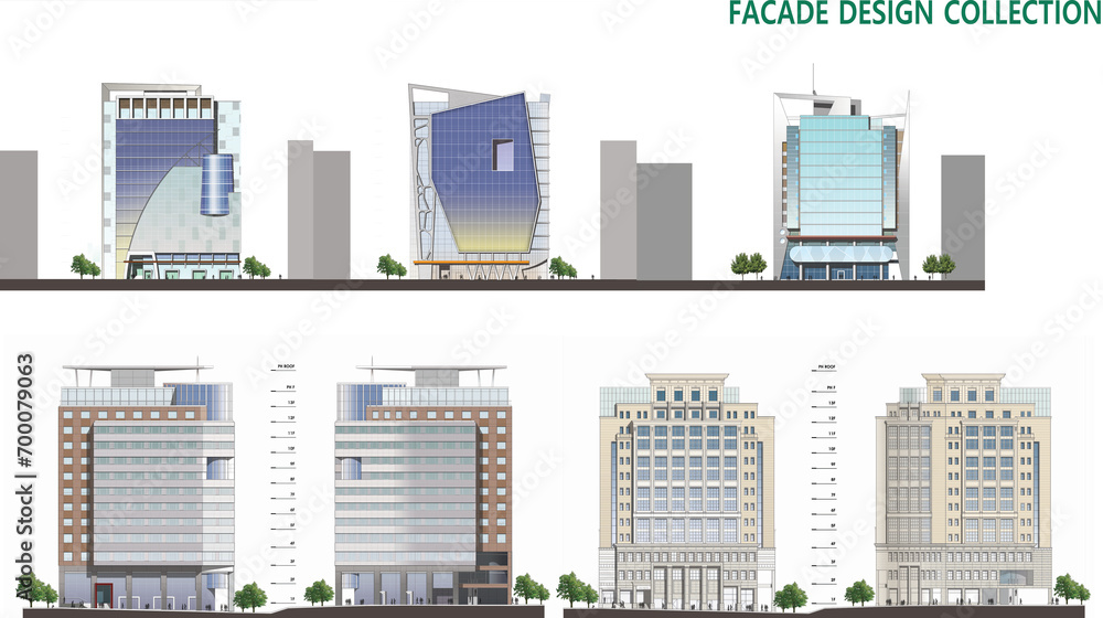 city buildings icons, 2d illustration facade of a modern hotel