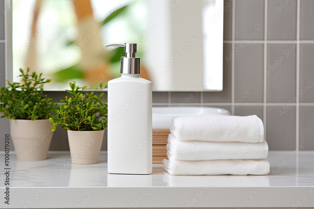 Bright bathroom background with white counter table holding ceramic soap, shampoo bottles, and white cotton towels.