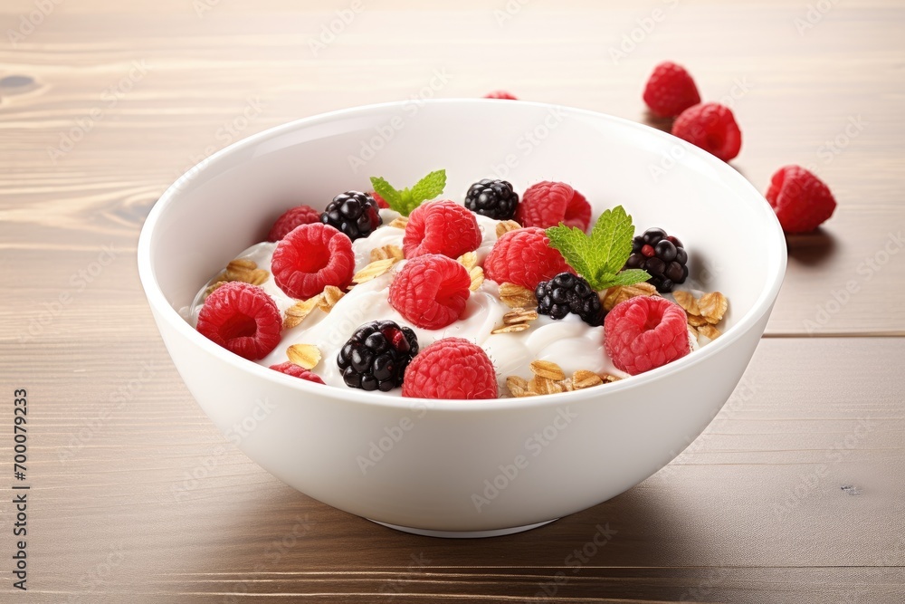 Muesli in a porcelain bowl on white. Muesli in a porcelain bowl on white.
