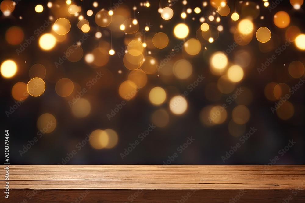 Nighttime celebration concept with bokeh candlelight on dark backdrop, empty wooden table in foreground. Nighttime celebration concept with bokeh candlelight on dark backdrop, empty wooden table in foreground.
