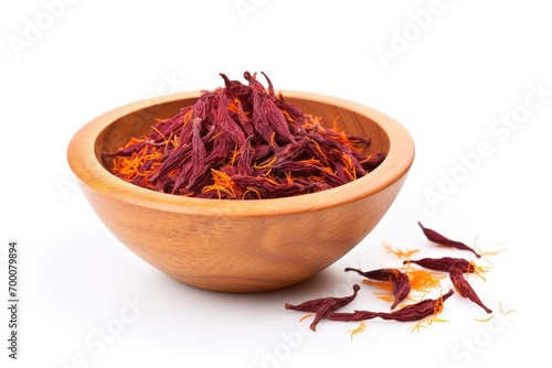 Safflower, also known as Hong hua or Flos carthami tinctori, used in Chinese herbal medicine and cooking, displayed in a white background. photo