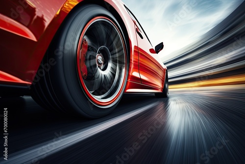 Car with copy space drives fast with motion blur, tires spinning. Low angle side view. photo