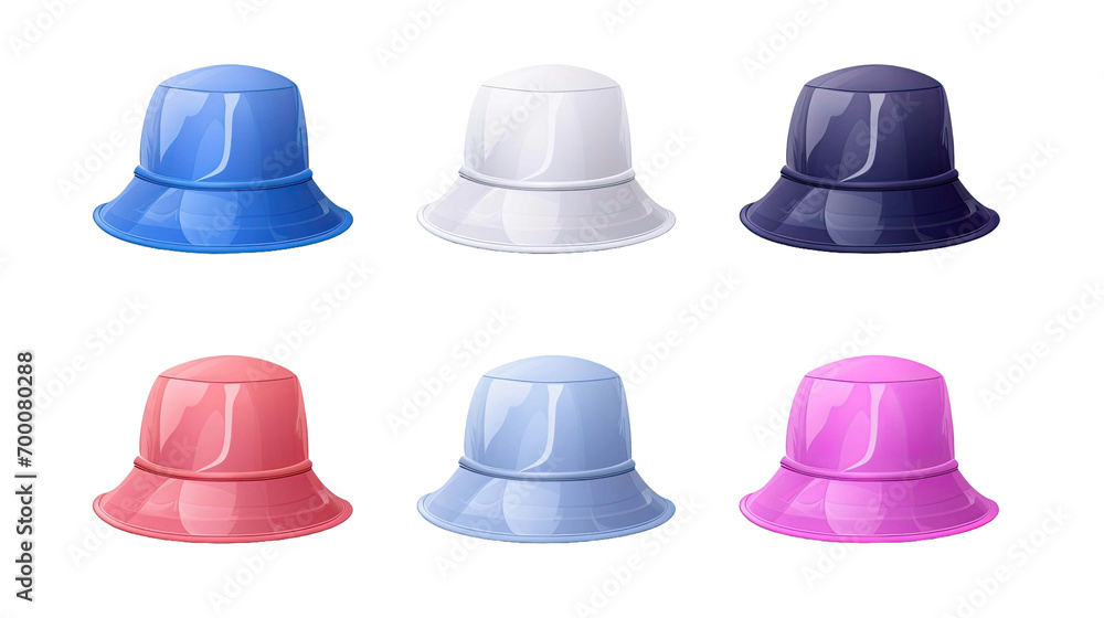 Collection set of bucket hats in various colors isolated on transparent or white background Collection set of bucket hats in various colors isolated on transparent or white background