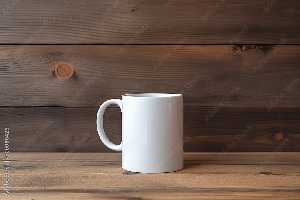 Obraz premium Tranquil coffee cup on a wooden background with white mug design.