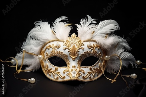 Feathers adorn isolated Venetian carnival masks on dark background.
