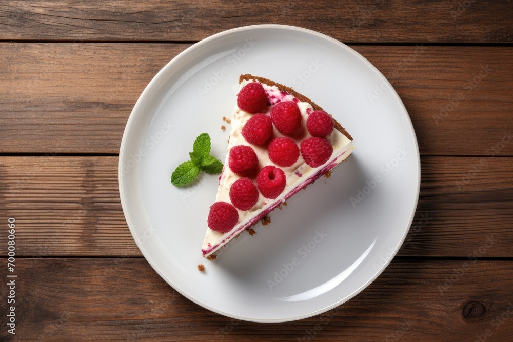 Raspberry cheesecake on plate top view over rustic wood background Raspberry cheesecake on plate top view over rustic wood background